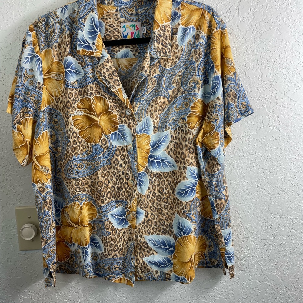 Jams World Vintage Jungle Hibiscus Leopard Print Camp Shirt Sz XXL